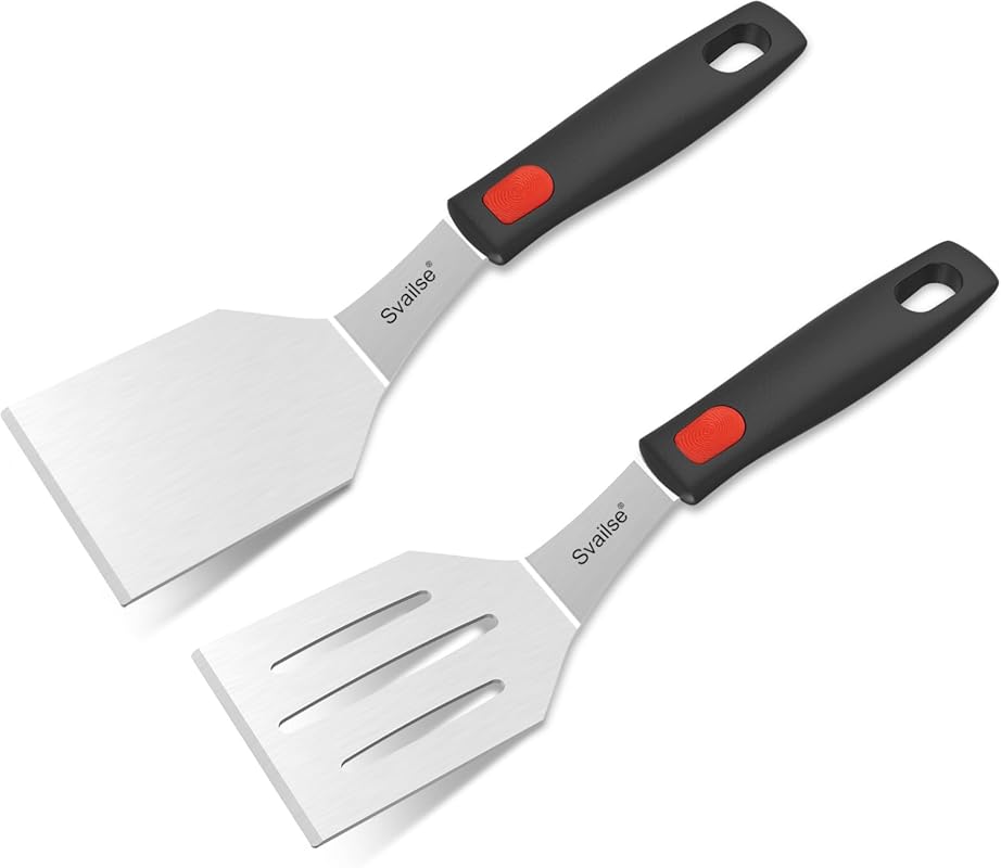 2 Pcs Stainless Steel Spatula Set with Silicone Handles for Cast Iron 