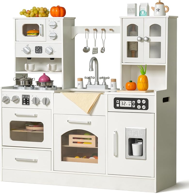 Large Wooden Play Kitchen for Toddlers 3-8 with Lights, Sounds, Ice Ma