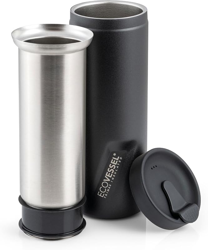 EcoVessel Travel French Press, Portable 14oz Insulated Stainless Steel