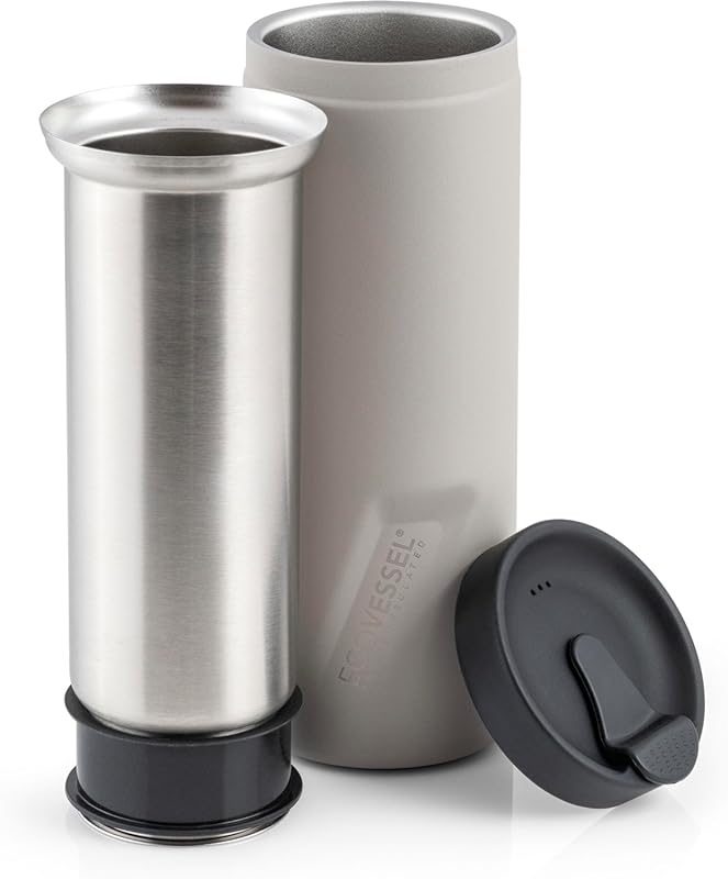 EcoVessel Travel French Press, Portable 14oz Insulated Stainless Steel