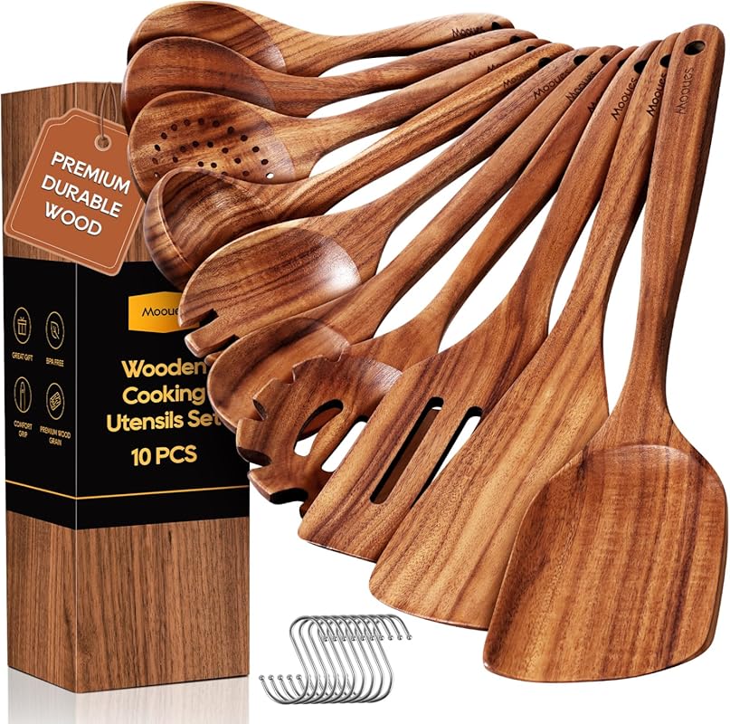 10-Piece Teak Wood Cooking Utensil Set with Hooks, Smooth, Non-Stick, 