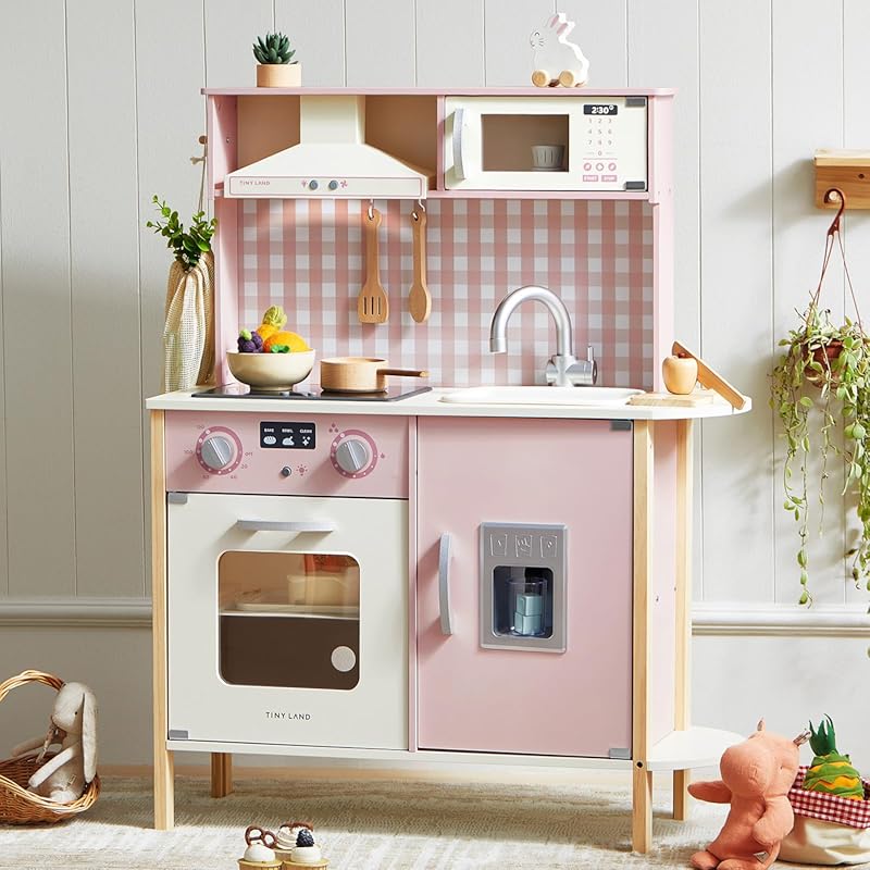 Tiny Land Height Adjustable Wooden Kids Kitchen Playset, Pink, with Li