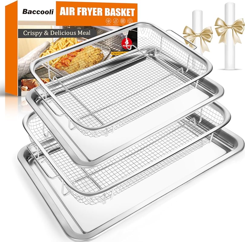 2-Pack Stainless Steel Air Fryer Basket & Tray Set, 100 Parchment Pape