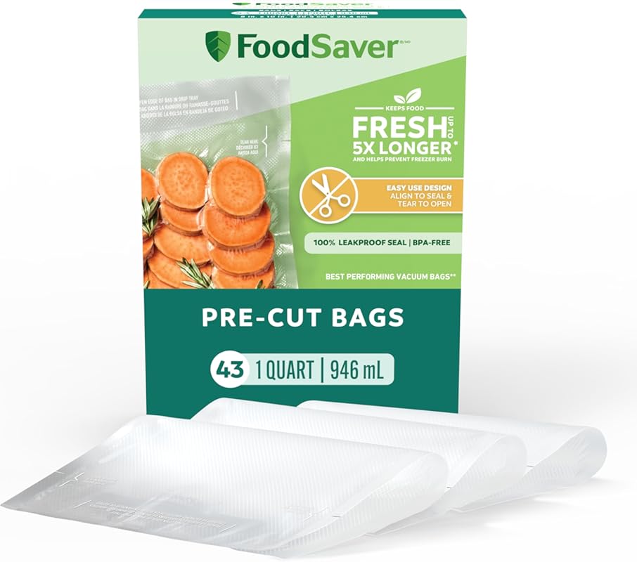 FoodSaver Quart Pre-Cut Vacuum Seal Bags: 43 Pack Easy-Use Storage wit