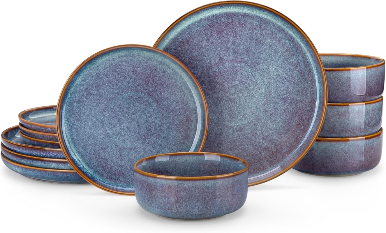 vancasso PLAYA 12-Piece Reactive Glaze Dinnerware Set for 4, Grey-Blue