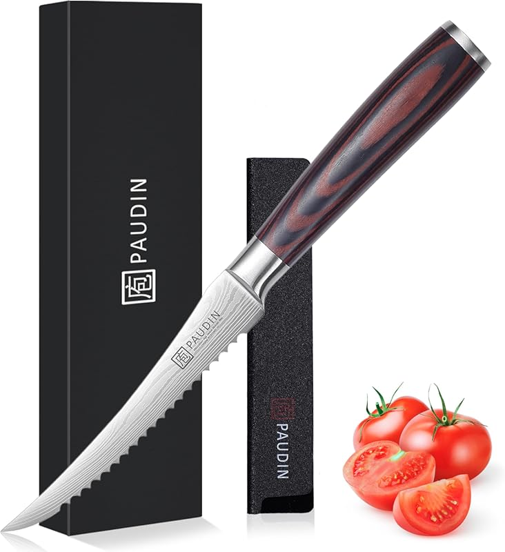 PAUDIN 5-Inch Serrated Tomato Knife with Sheath, High Carbon Stainless