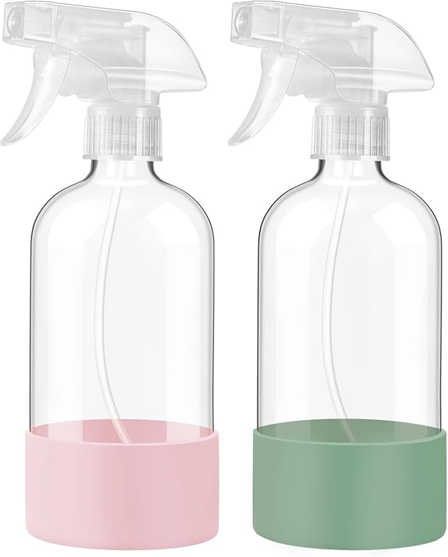 JohnBee 2-Pack 16oz Glass Spray Bottles with Silicone Sleeve & Adjusta