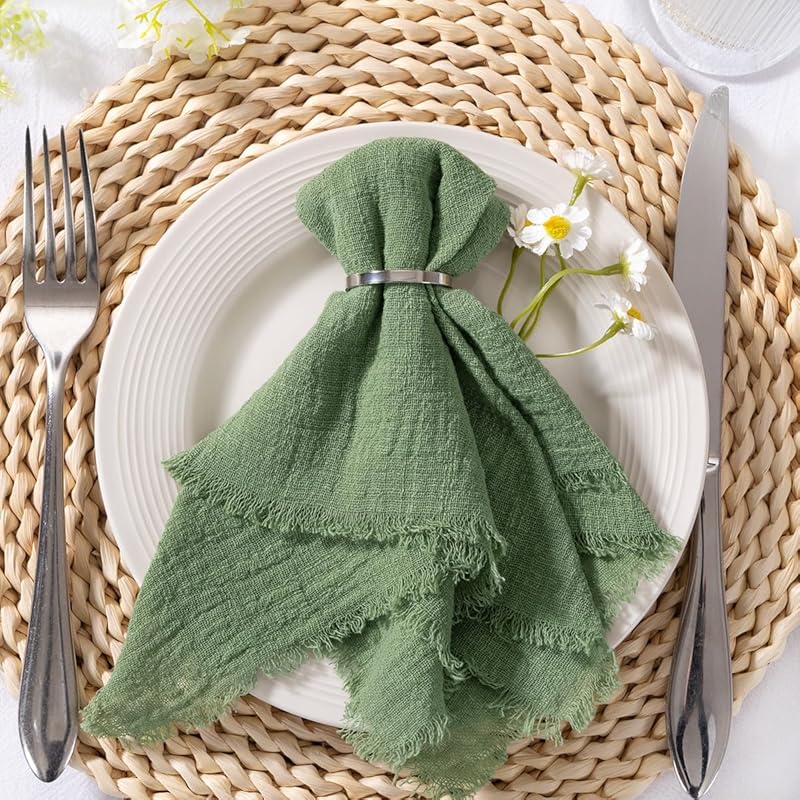 MLMC Sage Green 17x17 Inch Cloth Napkins (6 Pack) - Boho Fringe Washab