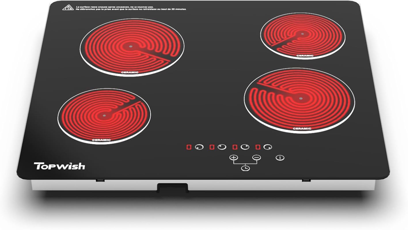 TOPWISH 24 Inch Electric Cooktop, 4 Burner Radiant Stove with Touch Co