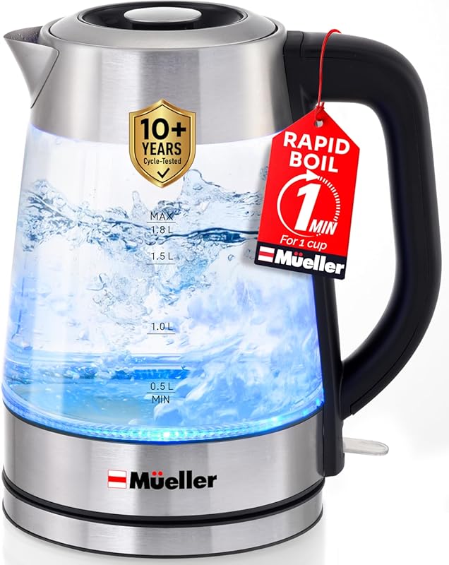 Mueller Rapid Boil 1.8L Electric Tea Kettle: Borosilicate Glass, Stain