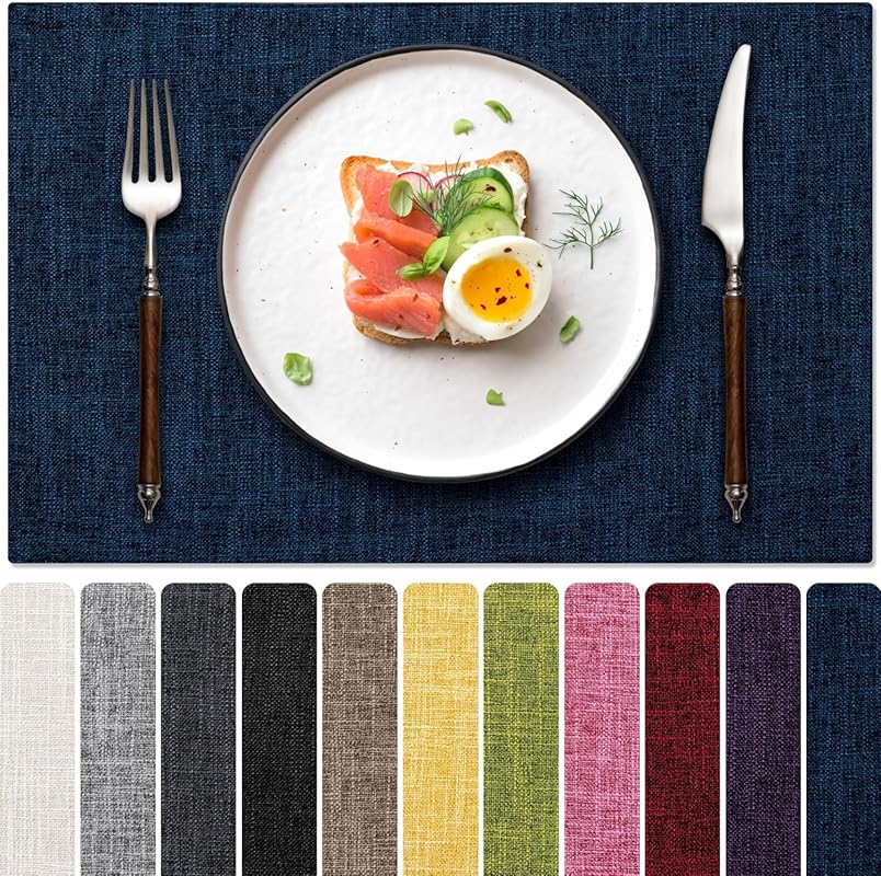 Blue Forest Navy Faux Linen Cloth Placemats Set of 6 – Dual-Layered, W