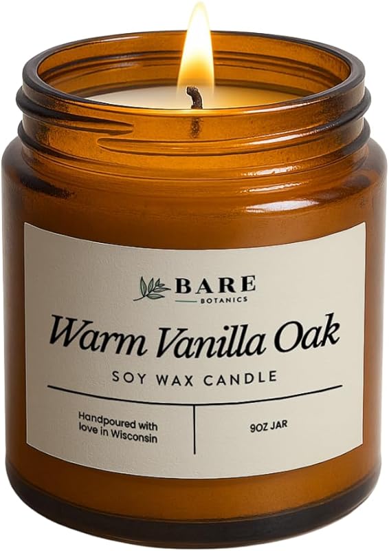 Bare Botanics Warm Vanilla Oak Soy Candle, 9oz Non-Toxic, Plant-Based,