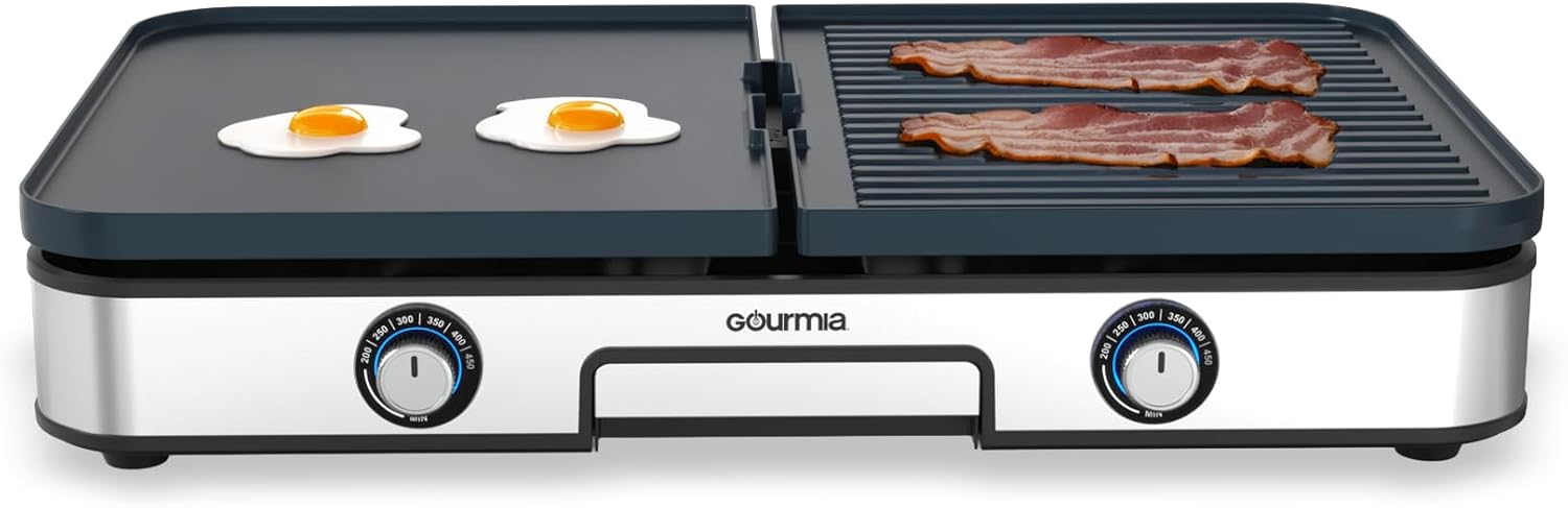 Gourmia 3-in-1 Electric Indoor Grill & Griddle Combo, Dual Zones, Reve