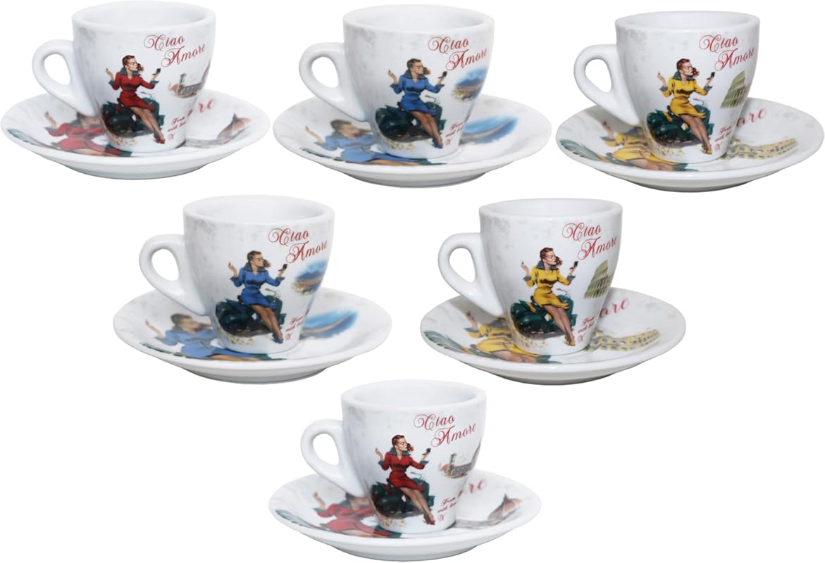 Lorren Home Porcelain Espresso Cups and Saucers, Vespa Scene Design, 3