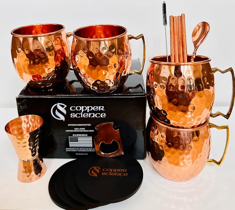 Pure Handcrafted Copper Moscow Mule Mugs – Set of 4 with Straws, Shot