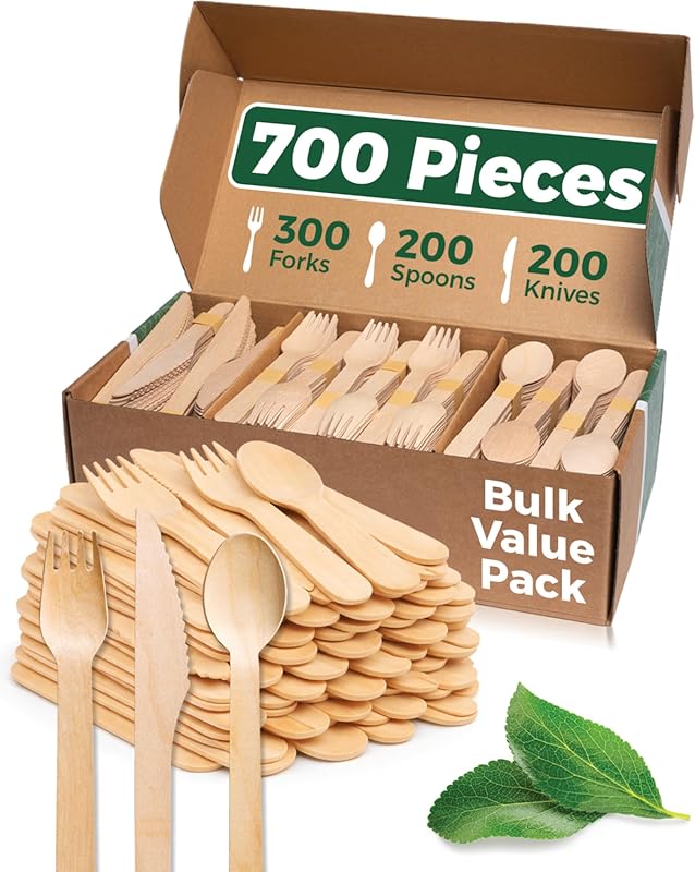 E's Essentials 700-Piece Disposable Wooden Cutlery Set, Compostable Si