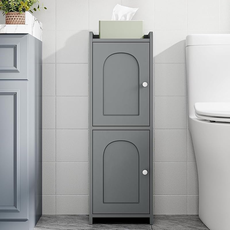 Small Gray Corner Bathroom Storage Cabinet: Narrow Floor Organizer wit