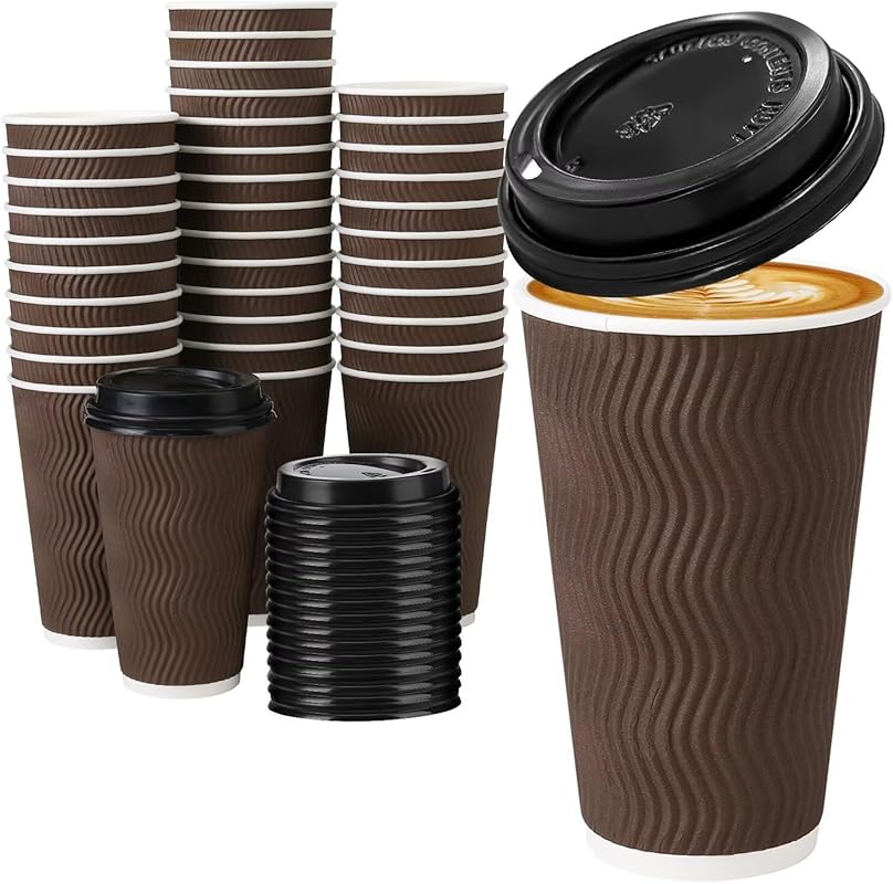 50 Pack 16 oz Disposable Insulated Paper Coffee Cups with Lids. To Go 