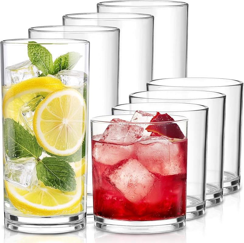 Unbreakable Clear Plastic Drinking Glasses (Set of 8) - Mixed 14oz & 2