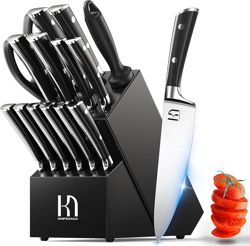 15-Piece High Carbon Stainless Steel Kitchen Knife Set with Block, Sha