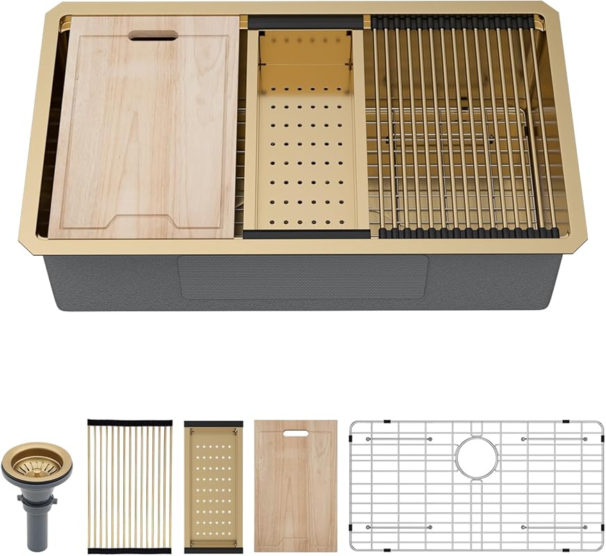 Kichae 30x18 Gold Undermount Kitchen Sink, 16 Gauge Stainless Steel Si