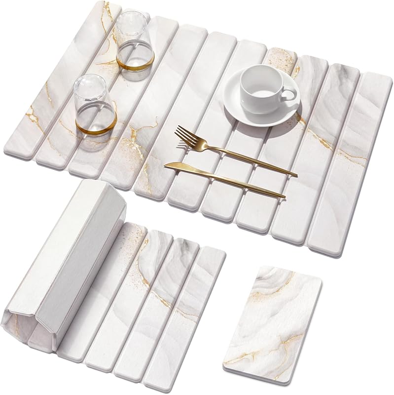 Marbled Stone Dish Drying Mat Set Yellow White