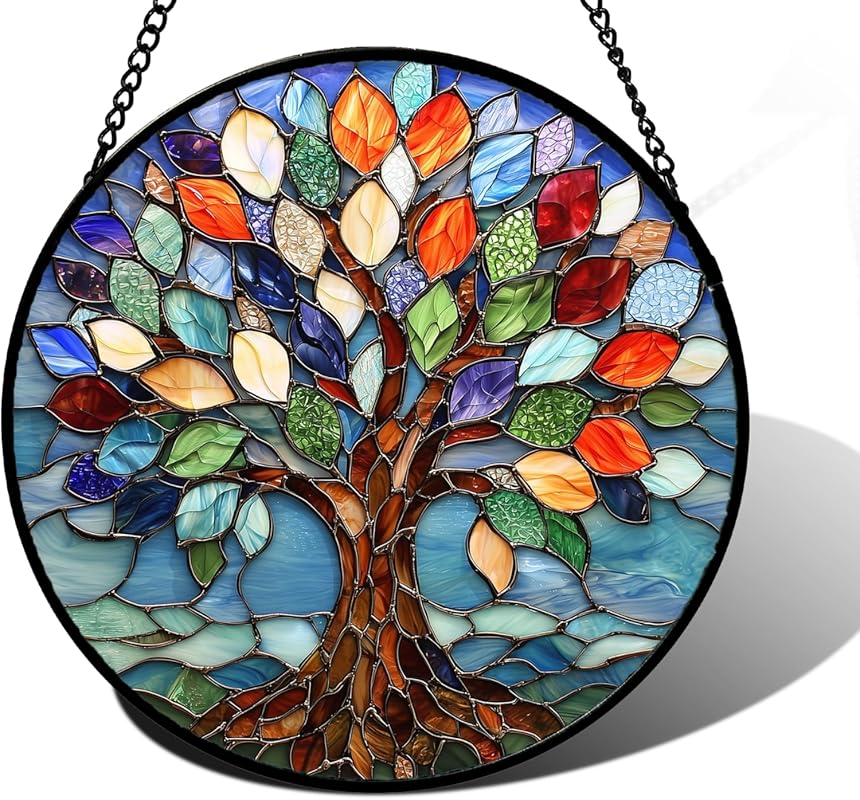 Colorful Stained Glass Tree of Life Suncatcher (6.3 in) Window Hanging