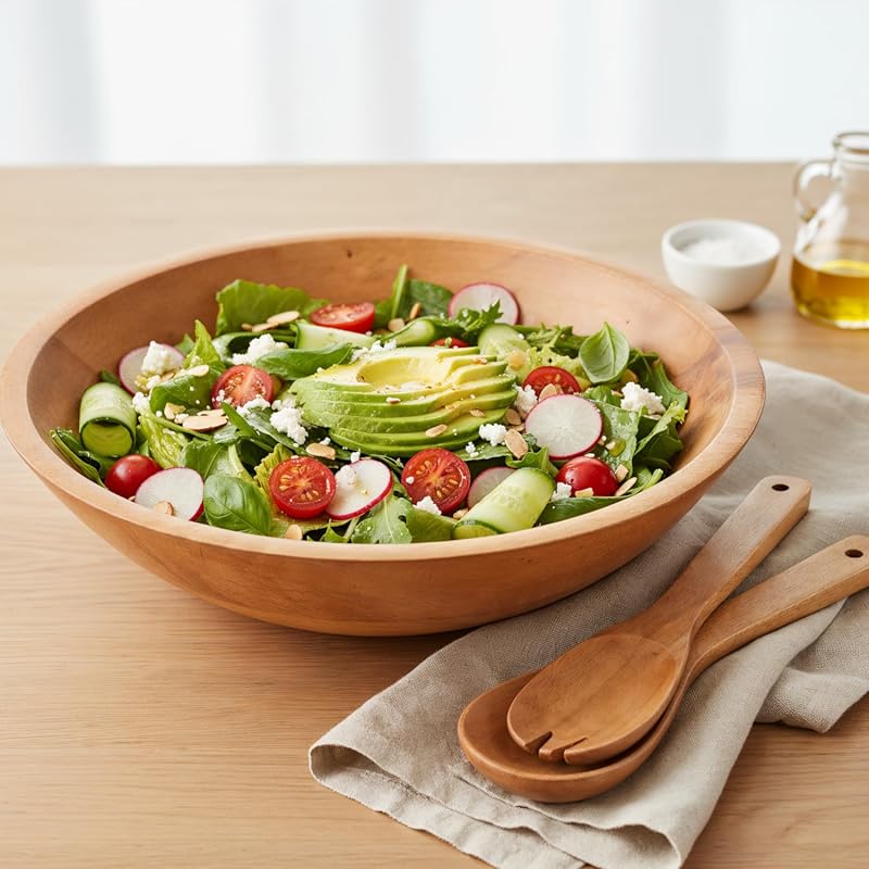 Extra Large Wooden Salad Bowl Set with Serving Utensils, Beautiful Par