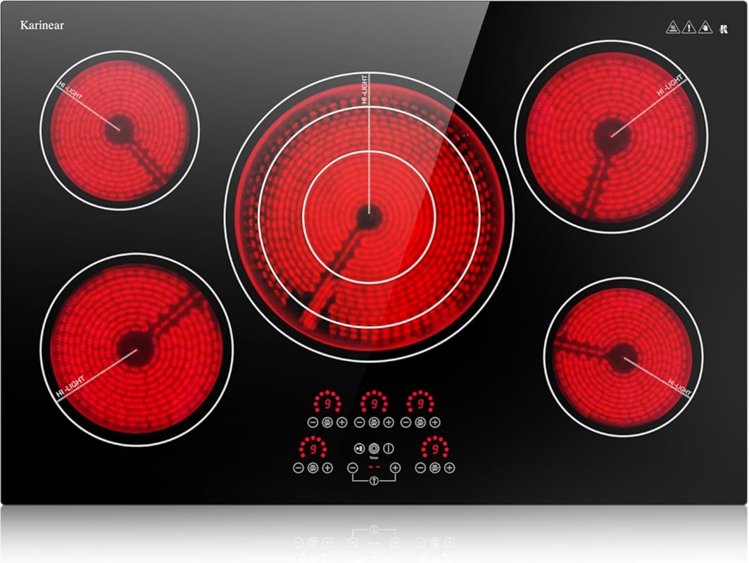Karinear 30 Inch 9000W 5 Burner Built-in Electric Ceramic Cooktop, Sen