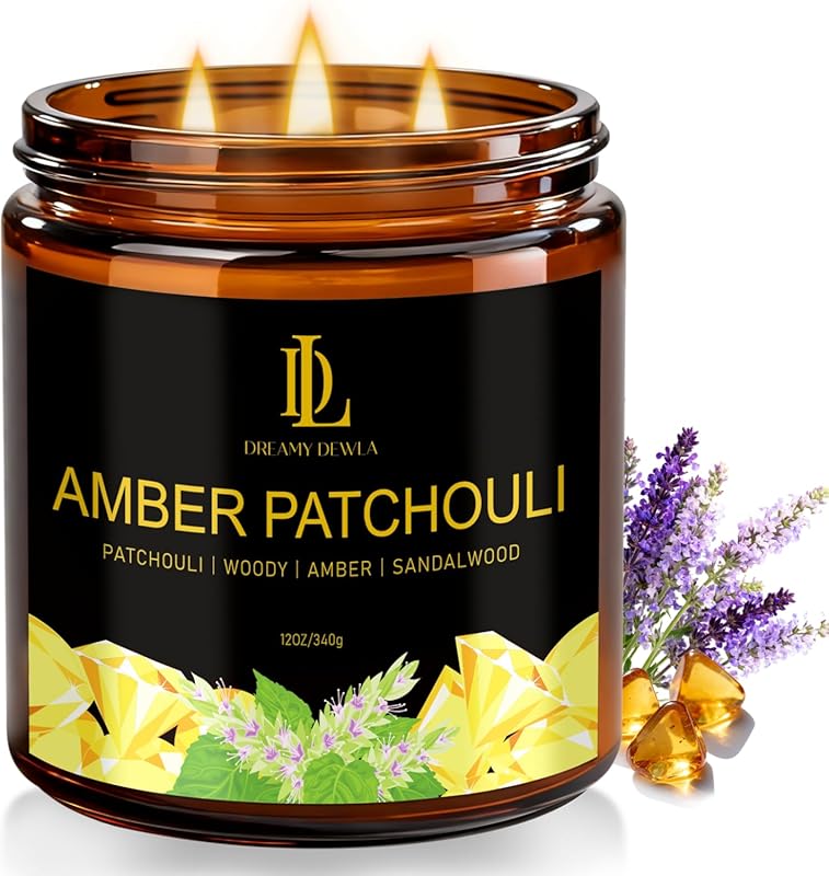 Amber Patchouli Scented Candle, 12oz Large 3-Wick Natural Soy Wax, 60-