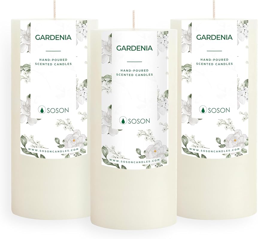 Simply Soson 3-Pack 3x6 Inch White Rustic Gardenia Scented Pillar Cand