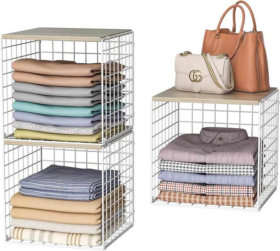 3-Pack Stackable Closet Organizers with Wood Top, Metal Clothes Storag