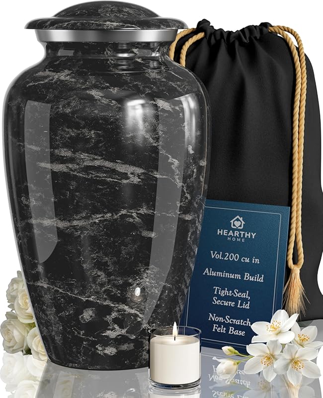 Large Handcrafted Urn for Human Ashes Adult, Decorative Black Marble F