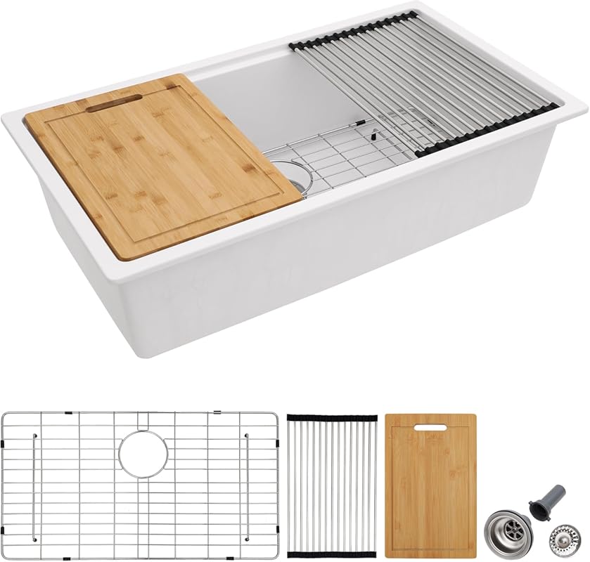 Fulorni 32x19 Inch White Granite Composite Undermount Kitchen Sink, Si