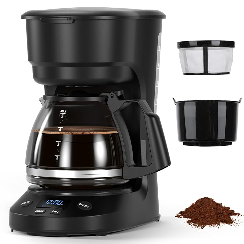Compact 5-Cup Programmable Drip Coffee Maker with 24-Hour Timer, Digit