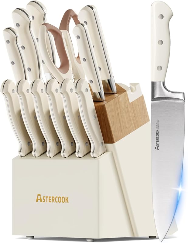 Astercook 14-Piece Full Tang Stainless Steel Knife Set with Block, Sha