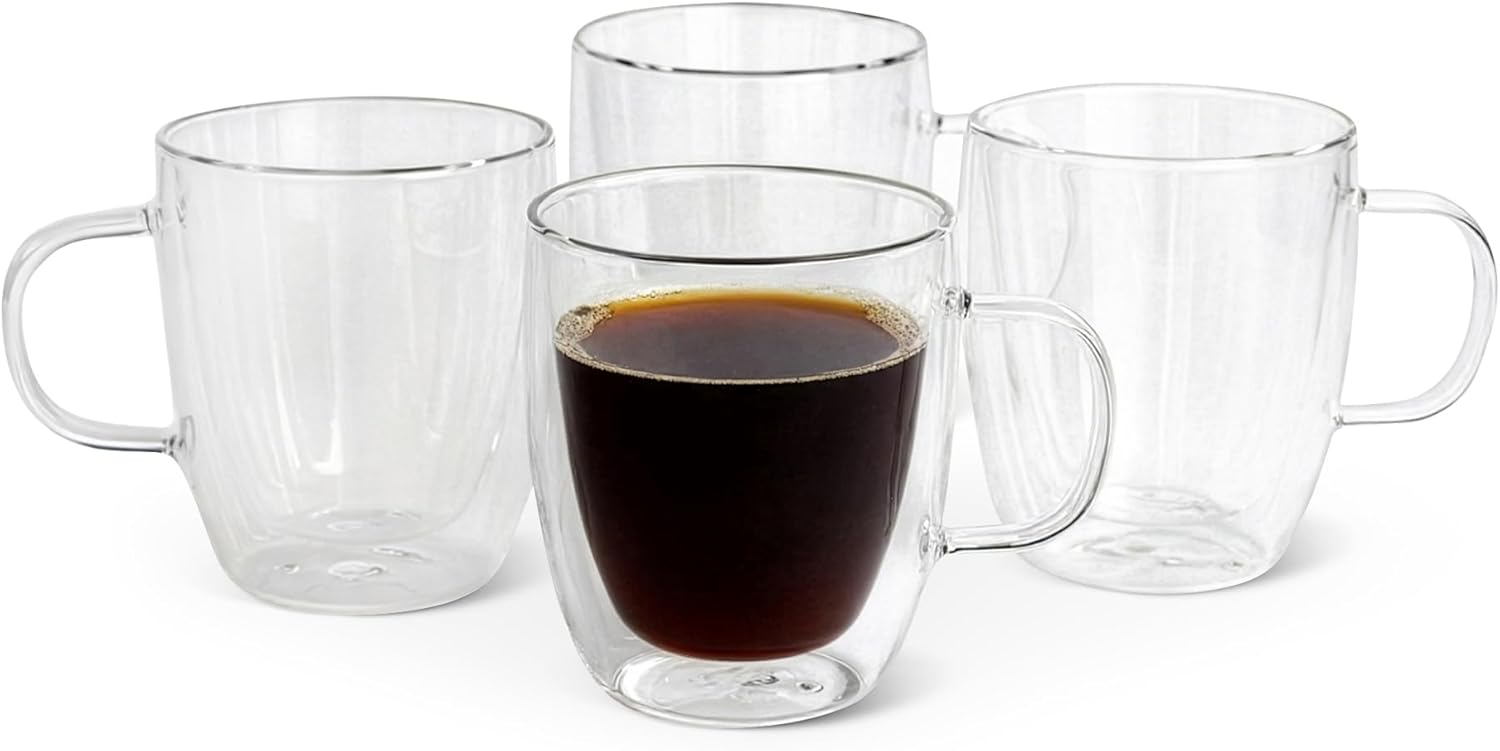 Amazon Basics Double Walled Glass Coffee Mugs, 4-Piece Set, 12 oz, Dis