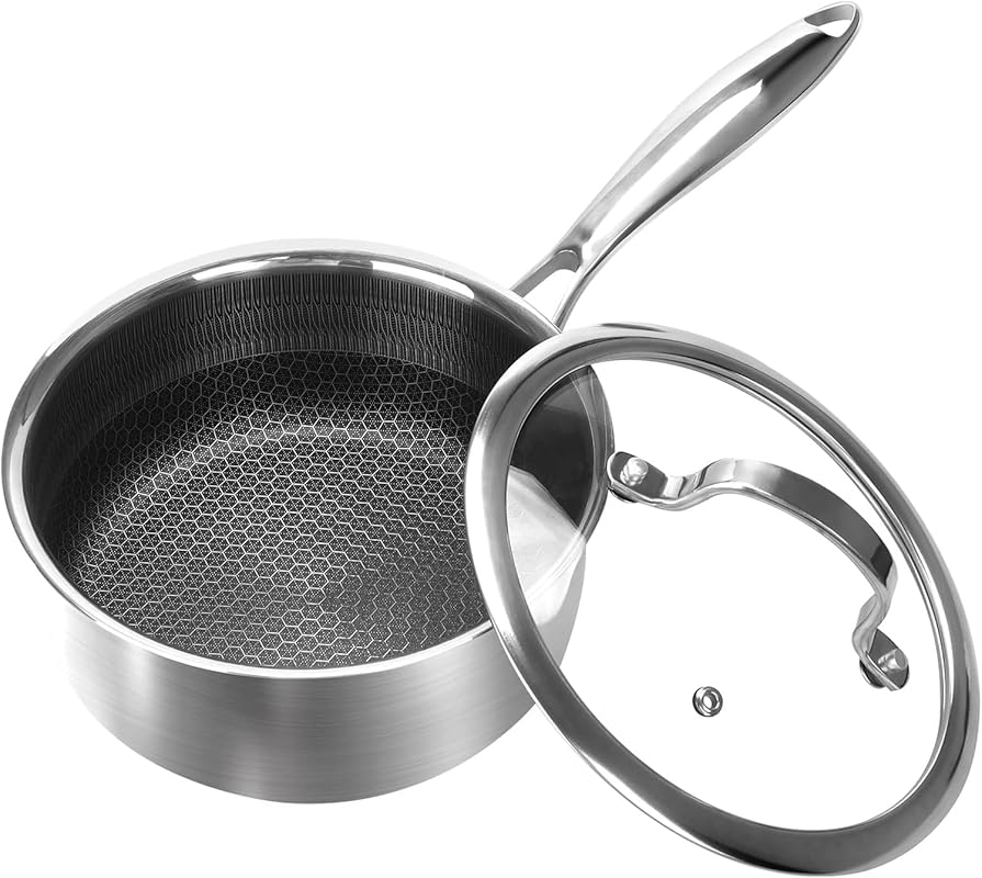 1 Quart Honeycomb Non-stick Stainless Steel Saucepan with Lid, PFOA-Fr