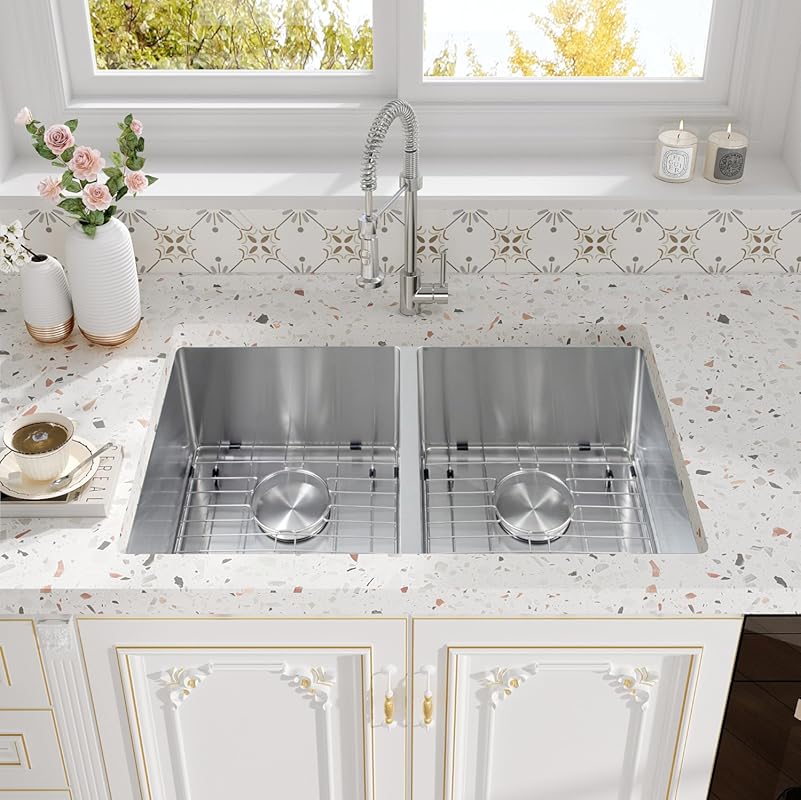 Rhbamoa 30x18 Inch Undermount 50/50 Double Bowl Kitchen Sink, 16-Gauge