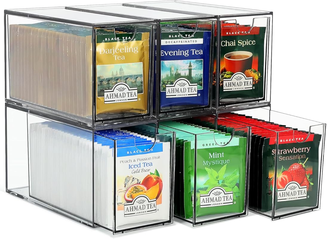 Acrylic Tea Bag Organizer & Storage – 6 Compartment Plastic Drawer Con