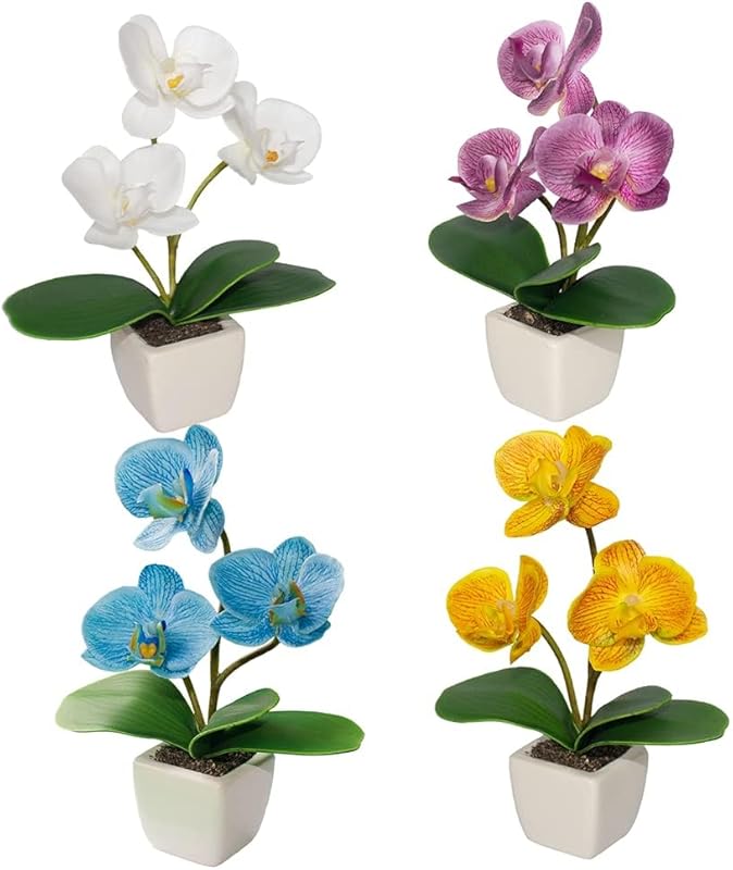 4 Pcs Mini Artificial Silk Orchid Potted Flowers, Real Touch Faux Plan