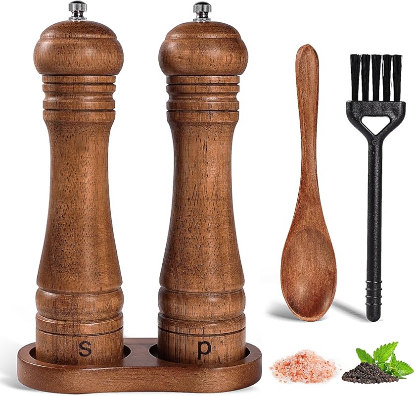 Oak Wood Salt & Pepper Grinder Set, 8-inch with Stand, Adjustable Cera