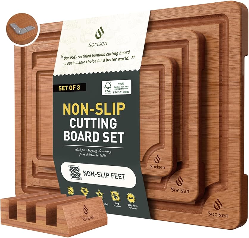Bamboo Cutting Board Set 3-Pack with Non-Slip Holder, Over-Sink Design