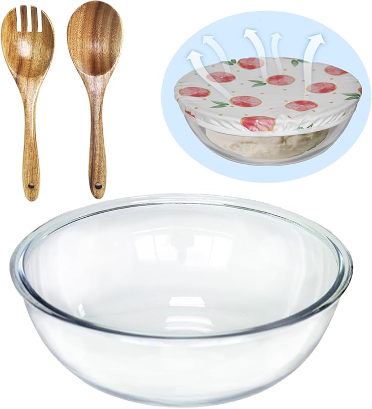 Large 6.5 Quart Clear Glass Mixing Bowl with Lid for Sourdough, Salad,