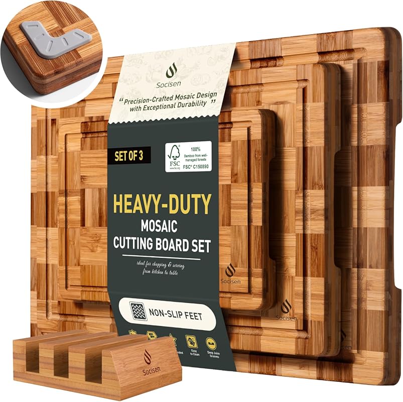 Heavy Duty 3-Pack Bamboo End Grain Cutting Board Set – Non-Slip, Thick
