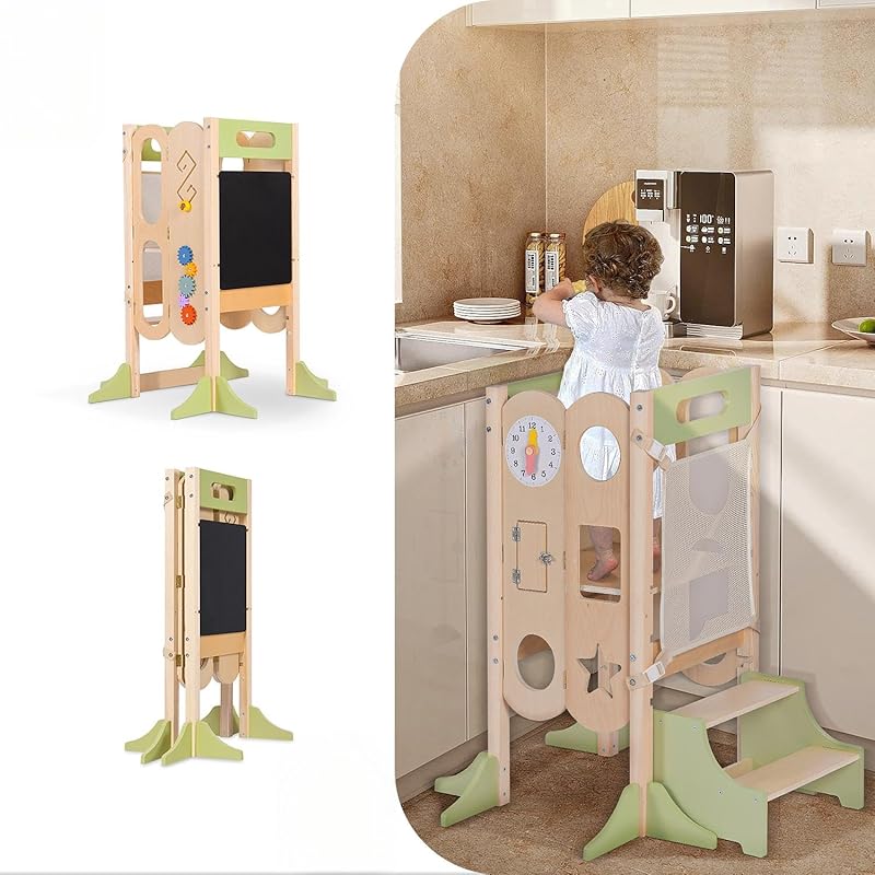 6-in-1 Foldable Wooden Toddler Kitchen Standing Tower with Removable L