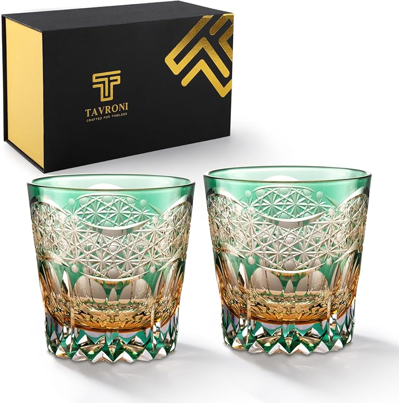 Edo Style Kiriko Japanese Art Glass Whiskey Tumblers Set of 2, Crystal