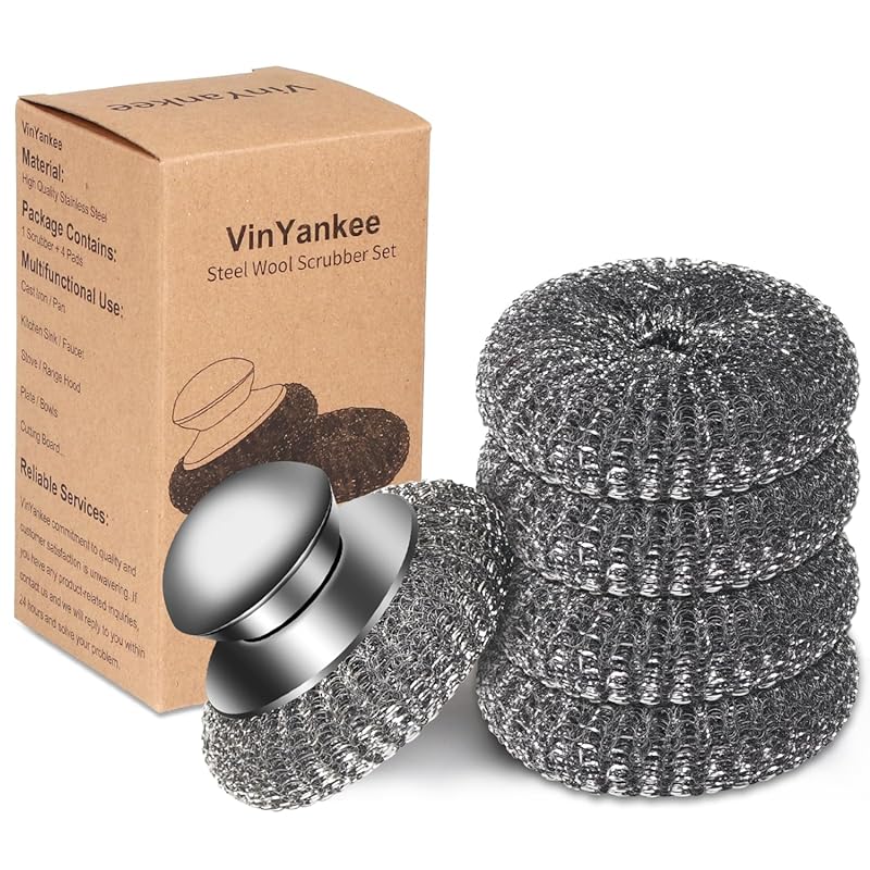 5-Piece Steel Wool Scrubber with Handle & Replacement Pads for Cast Ir