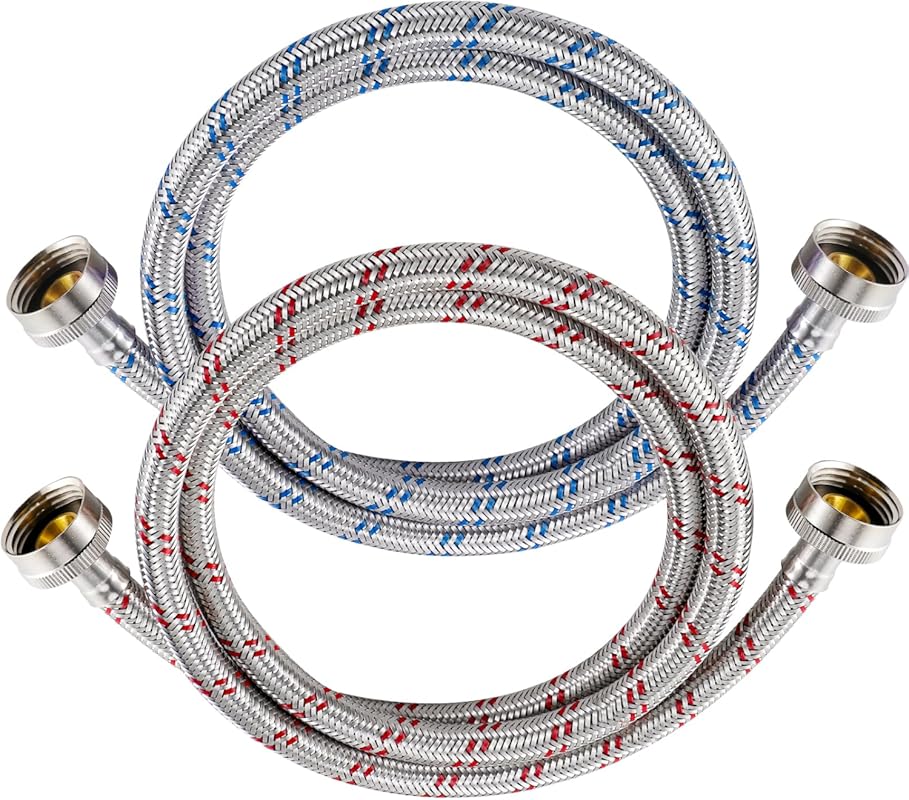 Premium 4 Ft Stainless Steel Washing Machine Hoses, Burst Proof Hot & 