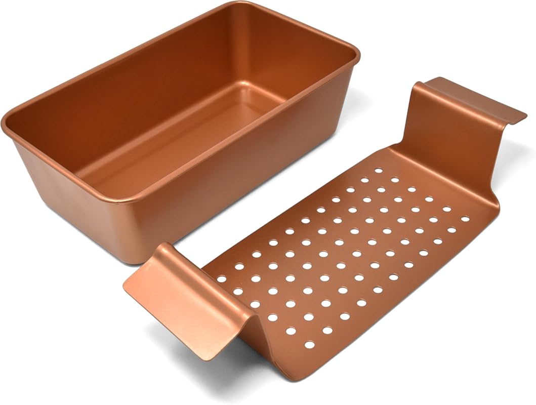 PERLLI Large 2-Piece Copper Nonstick Meat Loaf Pan Set with Drip Tray 